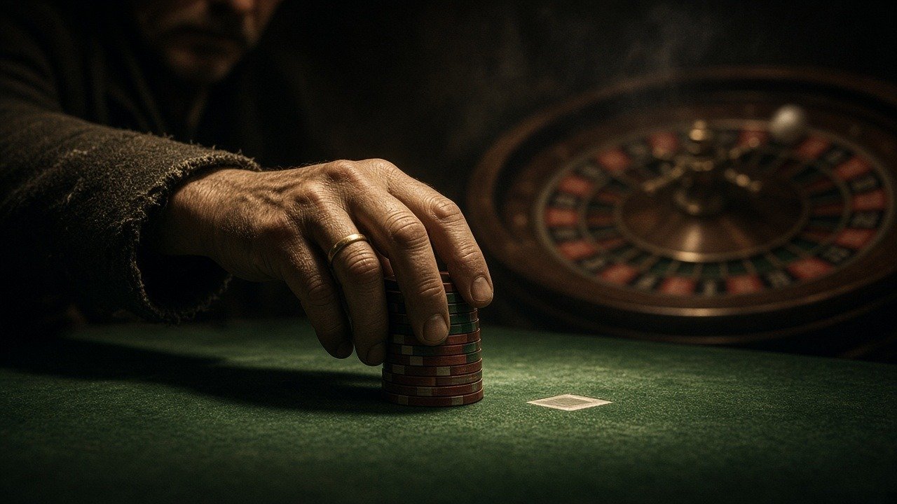A weathered man's hand with a wedding ring rests on his last stack of casino chips while a roulette wheel spins in the dark behind him.