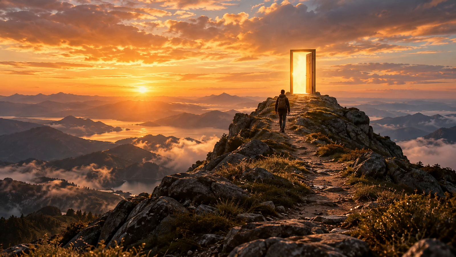 A man climbs a mountain path at sunrise toward a glowing open door, from The Light of Your Face video