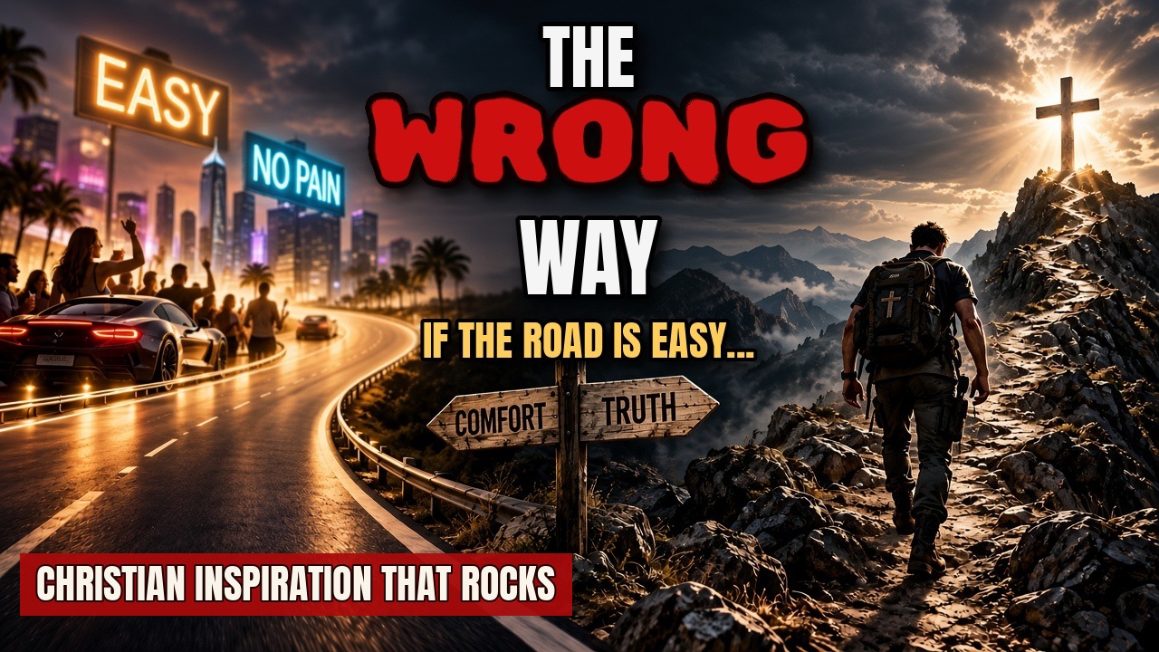 The Wrong Way: an easy neon road versus a hard mountain path to the cross
